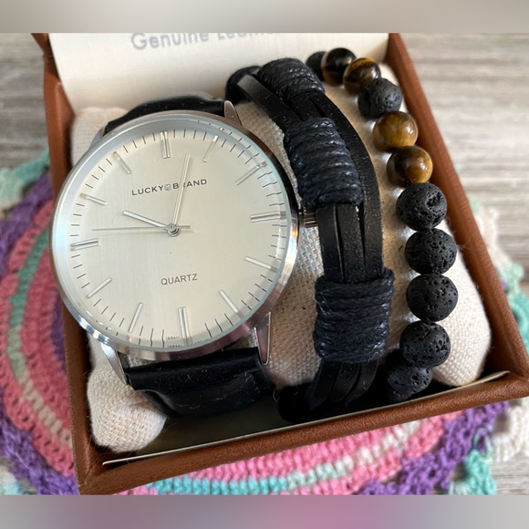 Lucky Brand Leather Strap Watch & Bracelets Set 40mm ✨ Black | Stainless